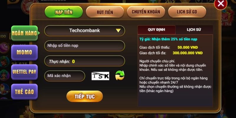 Chi tiết thực hiện lệnh nạp tiền VSBET